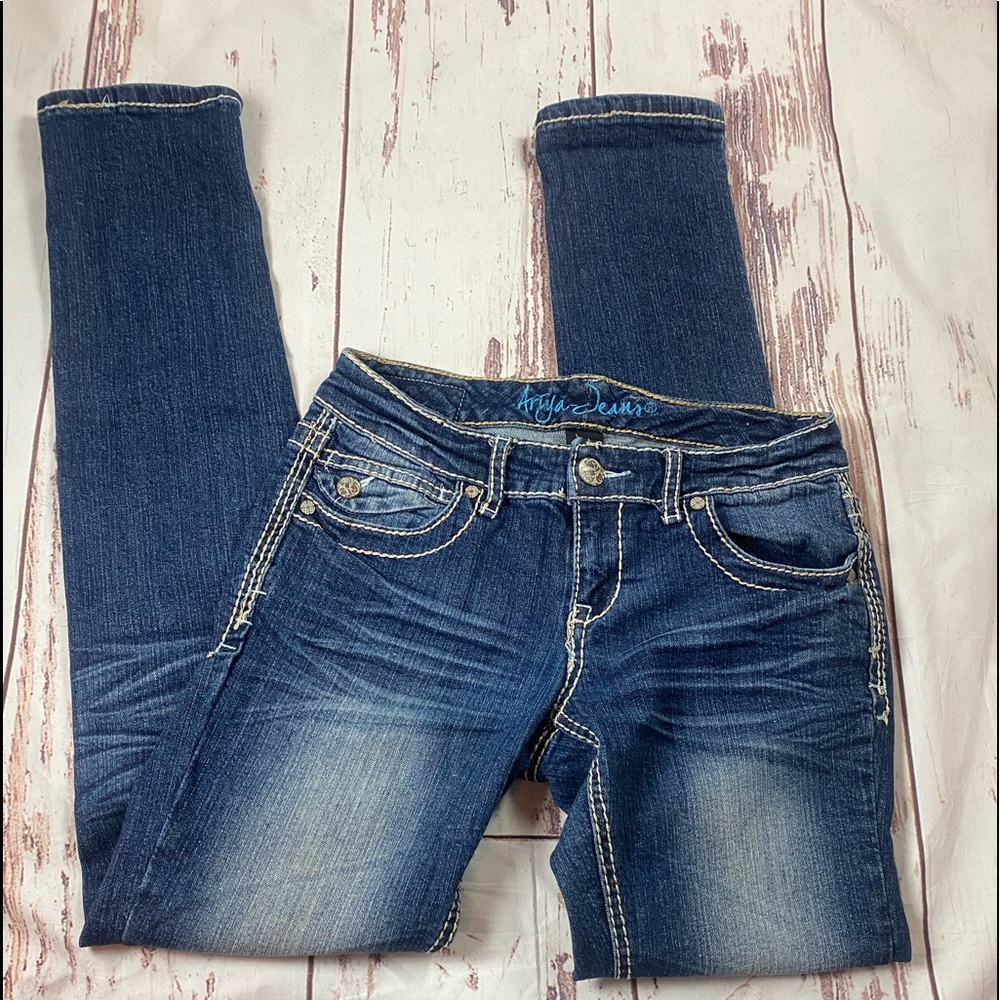 Ariya Jeans Womens Low Rise Blue Denim Button Flap Pockets